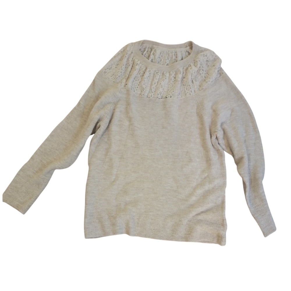 Express Womens Beige Lace Yoke Crew Neck Long Sleeve Knit Sweater Size S NWT